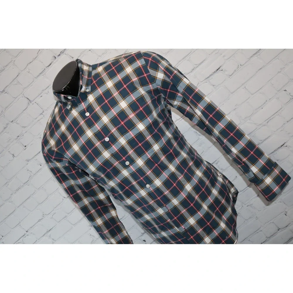 J. Crew Button Down Shirt Mens Medium Blue Tartan Plaid Long Sleeve Cotton